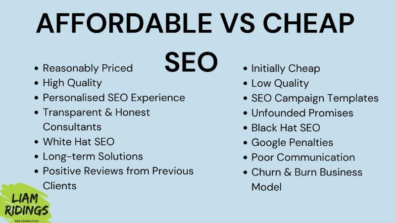 Comparison of cheap vs quality SEO services for lawyers highlighting risks of low-cost SEO and benefits of professional services