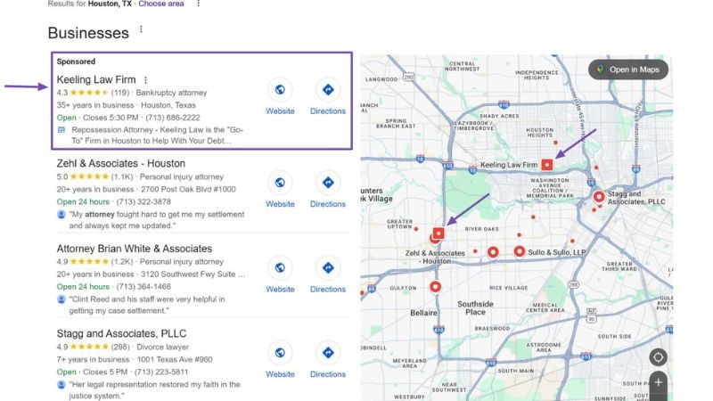 Local SEO for lawyers Google map pack results showing top law firms ranking in local search