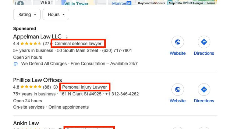 SEO optimized city landing page for law firm with local content and map
