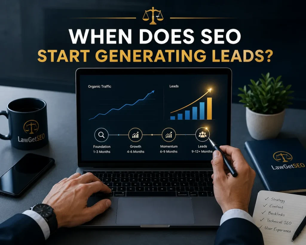 LawGetSEO dashboard showing the timeline of organic traffic growth and lead generation for law firms